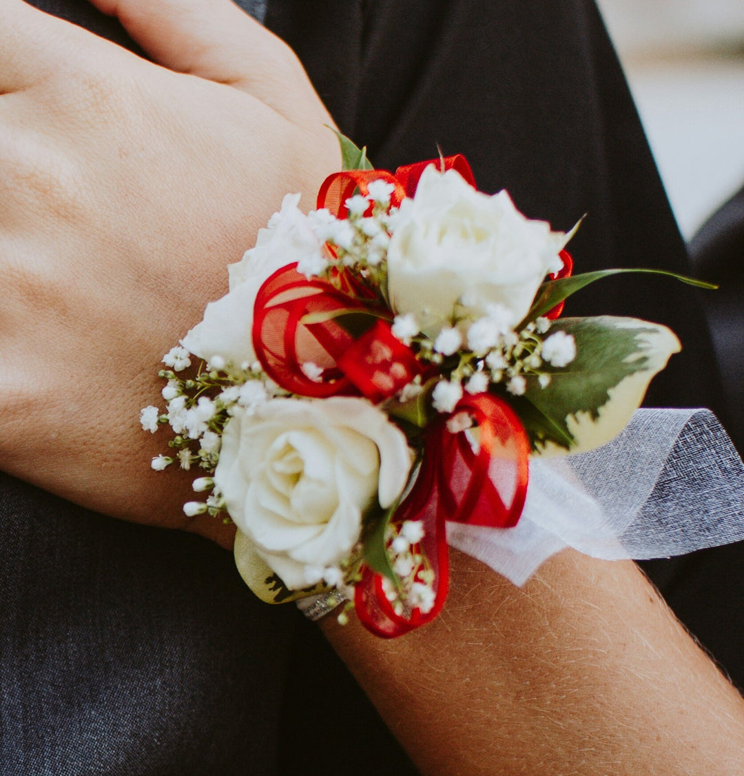 red dress white corsage Red and White Rose Corsage in Brooklyn NY